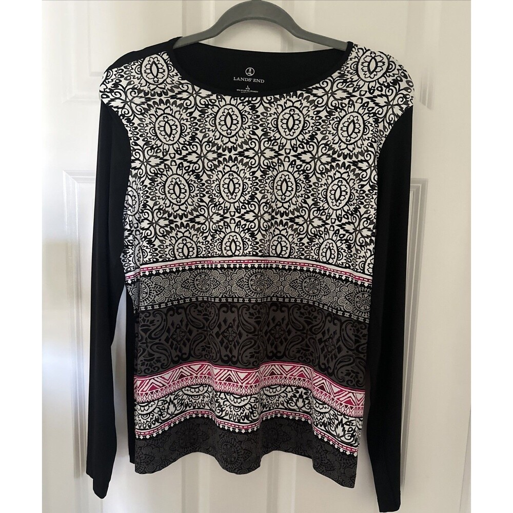 Lands End Womens Medallion Paisley Print Rash Guard Swim Top Large Black White